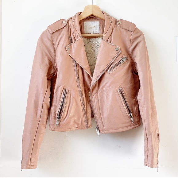 MAJE pink Moto leather jacket - Picture 2 of 14